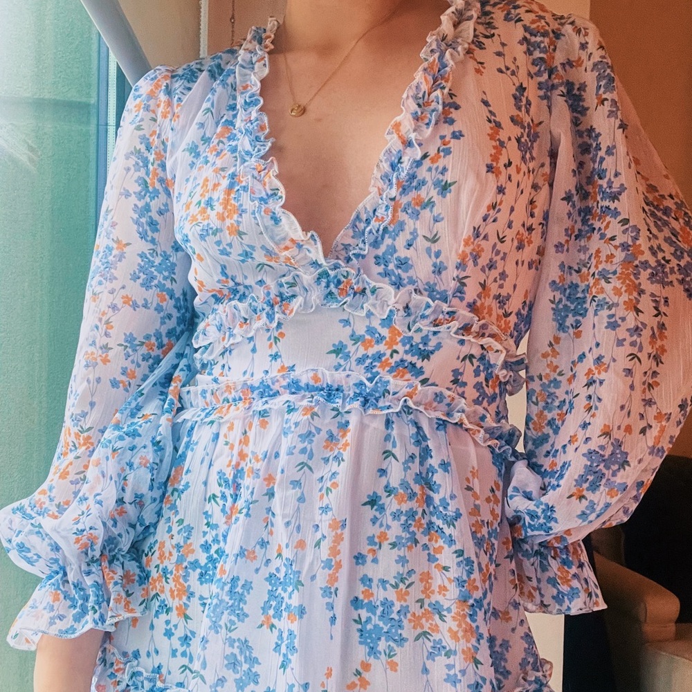 Blue & Orange Floral Ruffle Dress